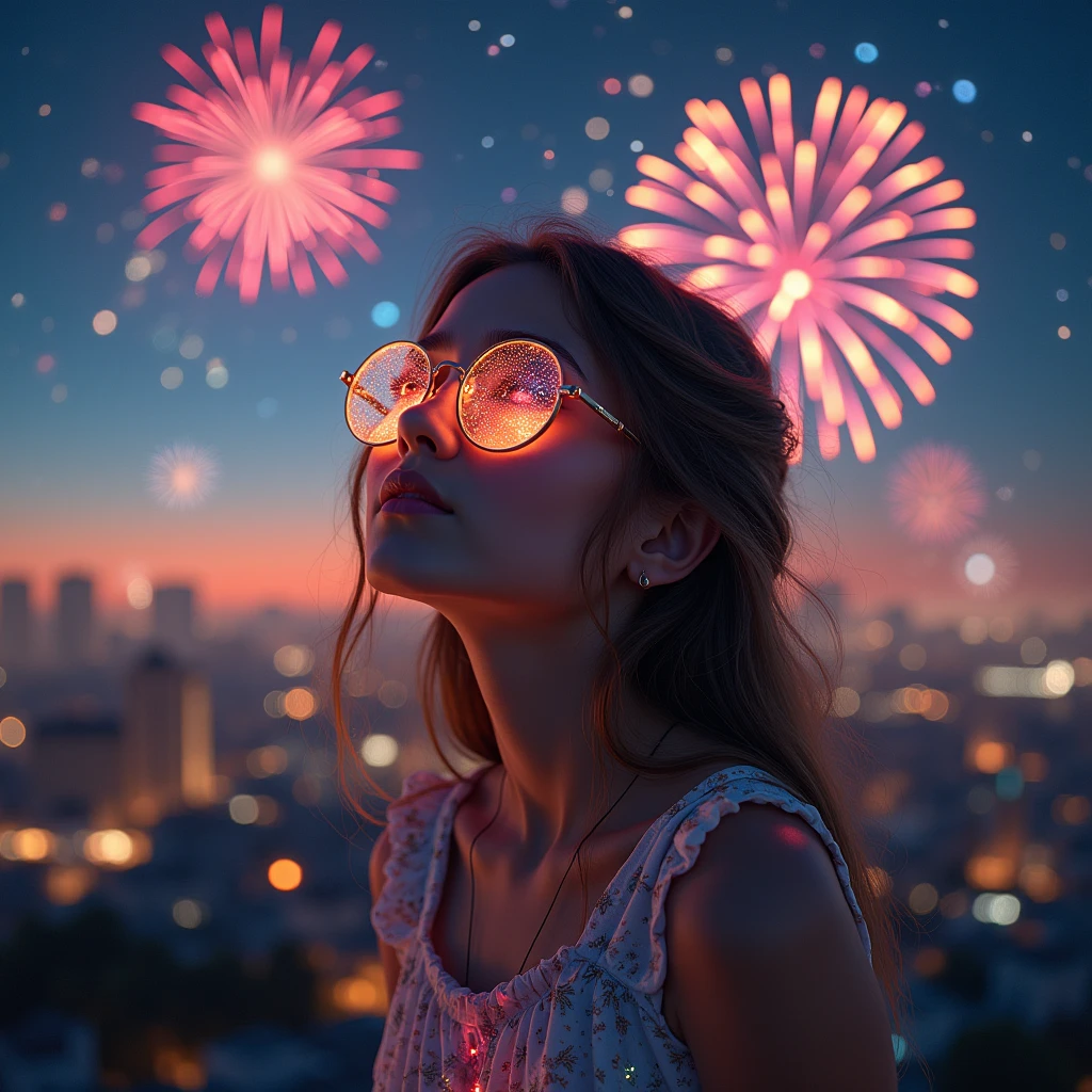 Many fireworks in eyes of young lady at night