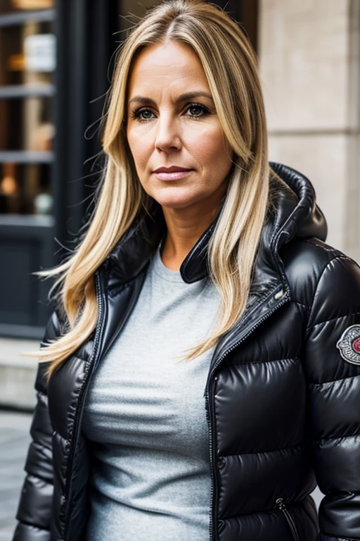 Medium view, of middle aged, 40 year old, mom, gilf, milf, face portrait, chubby, long blond hair, black moncler puffer jacket, leather leggings, in Glasgow