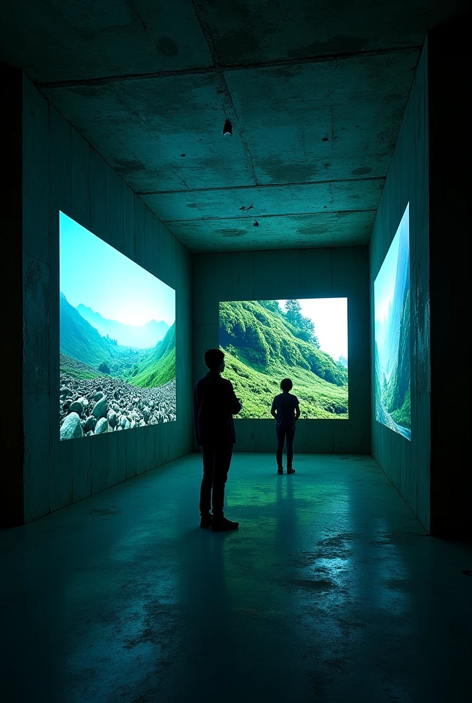 AN EMPTY SPACE of a BUNKER, where controlled screens by an artificial intelligence stand out. On these screens, you see deferred ideas, on one, you see how the earth is destroyed by climate change and on the other, you see the rebirth of paradise. A LITTLE LESS LITERAL, SCREENS MAKE THEM LOOK SMALLER IN A SMALL ROOM