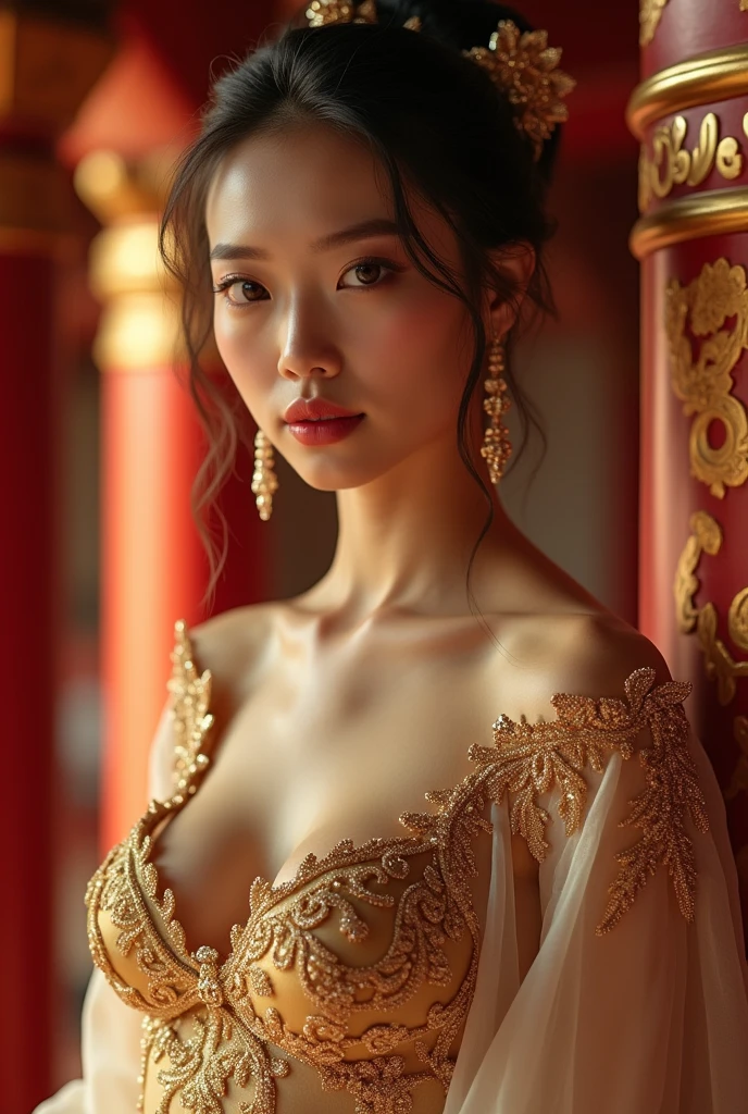 masterpiece, high quality, 4K, Beautiful design, Shiny, from the front, Award-winning photo, Very detailed, wonderful, The finer details, Absurd, Very detailed女性, Very detailed eyes and face, alone, One person, Baby, Shiny, Big Breasts, Whiffs, Shining fabric, Encrusted with jewels, Abdomen is visible , woman wearing a Whiffs, Pose inside a castle of oriental architecture, Gold embroidery,