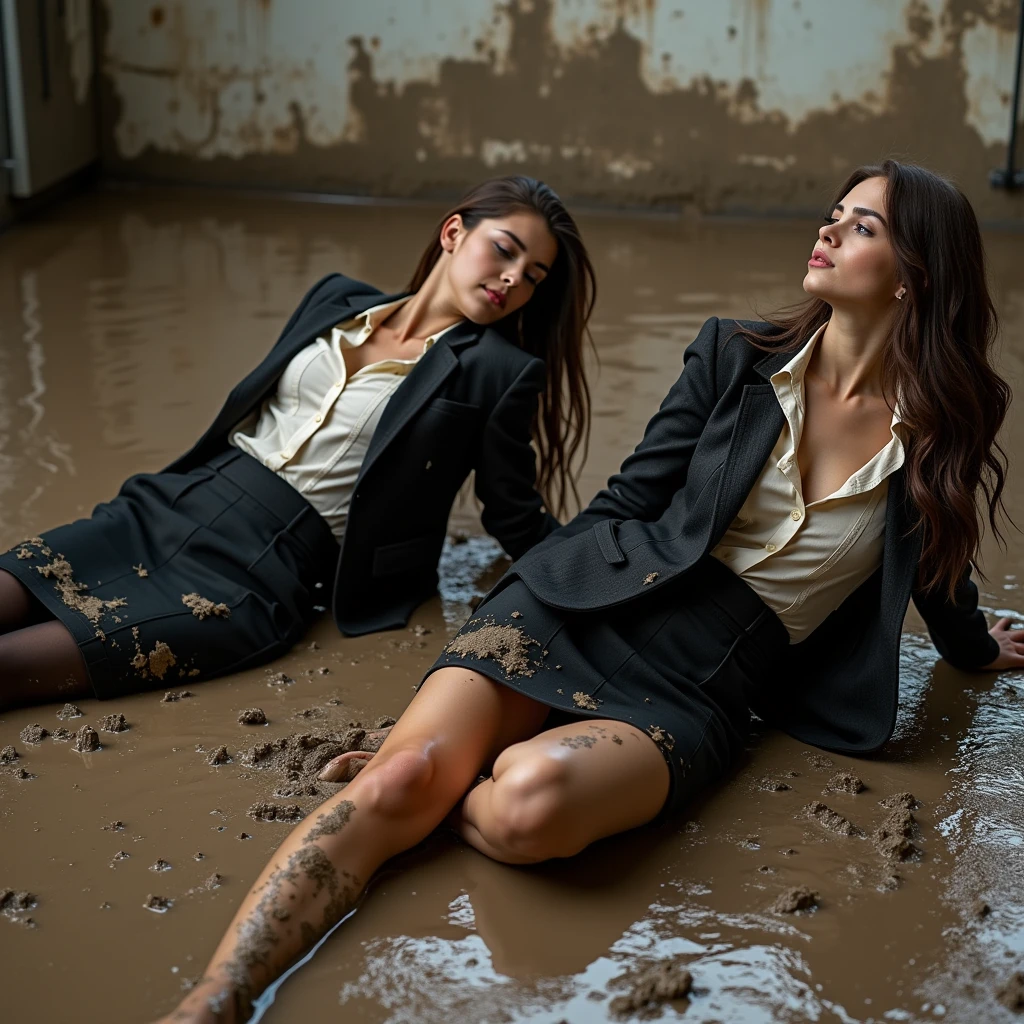 A captivating and color photo of only two business ladies, exuding a slender, model-like appearance with long hair. They dressed in muddy long knee-length black business pencil skirt, muddy and torn black business jacket, muddy shirt, torn stockings, they are seen on a muddy office room. They used own torn black business jackets as a floor rags and wiped the dirty floor using it while lie on their sides or backs in the liquid mud and water, so they jackets itself is very muddy and crumpled has placed near their legs on the muddy floor with liquid mud. They lie on sides and backs in the liquid mud and dirty water in different flirtatiously and provocative poses. Their clothes completely mud covered. They smear liquid mud all over their clothes, severely torn them in the process and smear a lot of mud on their clothes. They smearing the mud onto their business attire, creating a striking contrast between her dirty business outfit and the mud that covers it. This creates a dramatic contrast between their pristine outfits and the mud that coats them. The natural light brilliantly illuminates their clothes in details, casting dramatic shadows and emphasizing the texture of the mud on their clothing. Please fix all the anatomical issues of the ladies on the photo.