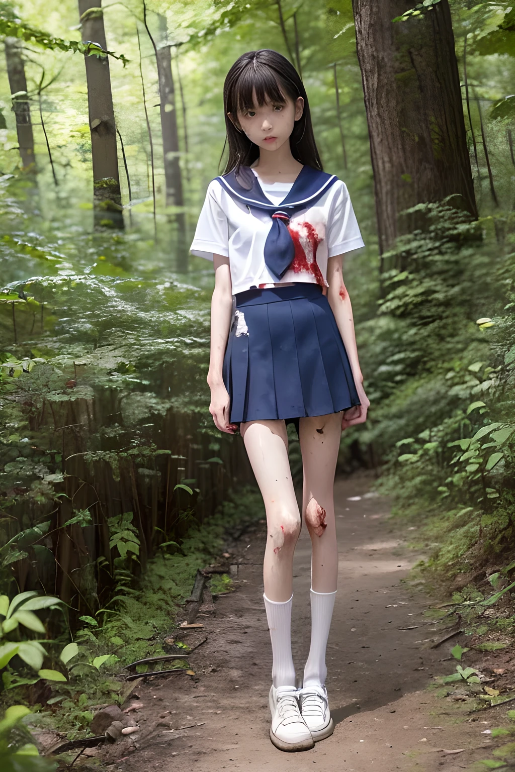 (8K、RAW Photos、highest quality、masterpiece:1.2), (Realistic、Photorealistic:1.2), (High resolution skin:1.1), Beautiful young girl,japanese, ,small breasts,(Slender girl:1.3),(Thin legs:1.4),dark blue mini skirt,sailor suit, (White high socks), Short sleeve,sneakers, whole body,forest,standing,(dirty:1.2),(wounds,bloody legs:1.4)