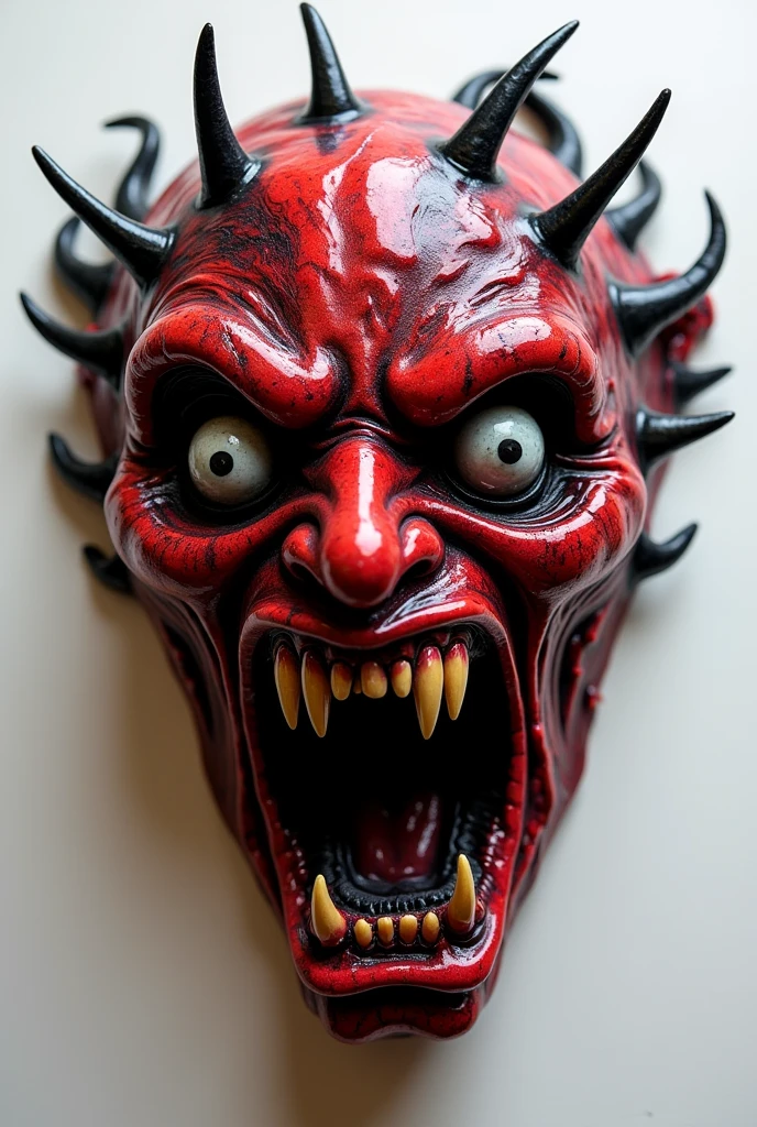 The image resembles a highly stylized, surrealistic depiction that could be imagined as a **resin mask** with the following characteristics:

### **Resin Mask Description:**

- **Material:** The mask appears to be made of a glossy, semi-transparent resin that captures and reflects light in a way that enhances its eerie and otherworldly aesthetic. The resin has a liquid-like quality, as if it were still in the process of hardening, giving the mask a fluid, almost organic appearance.

- **Face:** The mask depicts a face with an open mouth, lips slightly parted, and teeth partially exposed, as if frozen in a silent scream or gasp. The expression conveys a sense of terror or ecstasy, depending on the viewer’s interpretation.

- **Eyes:** The eyes are wide open, with dark, almost hollow pupils that create a stark contrast with the surrounding skin. The gaze is intense and unblinking, adding to the unsettling effect of the mask.

- **Color Palette:** The dominant colors are deep reds and blacks, with swirling patterns that give the impression of blood or shadowy tendrils entwining the face. These colors enhance the mask’s ominous and foreboding presence.

- **Texture:** The surface of the mask is smooth and reflective, with areas that appear to be dripping or melting, creating a dynamic, chaotic visual effect. This adds to the impression that the mask is alive or in a state of transformation.

- **Details:** Long, sharp nails or claws seem to emerge from the top of the mask, hinting at an otherworldly, possibly demonic nature. These details add a layer of menace and complexity to the design.

This resin mask, with its unsettling expression and fluid, chaotic form, could be interpreted as an artistic representation of fear, despair, or a connection to darker, more primal emotions and forces.