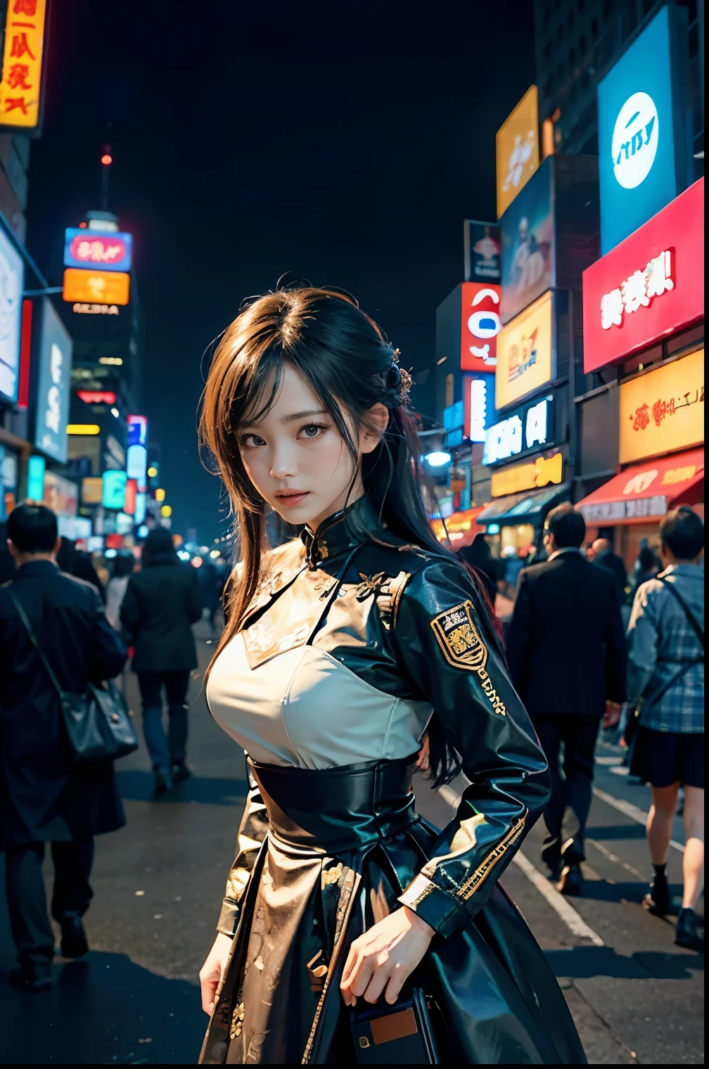 Some take selfies at the food festival, street, cyber punk, City Night, Absurd, High resolution, (非常にDetailed Background, Detailed Background), Very detailed, artist style, (fashion:1.2), (Tangled:1.3), Material influence, Upper Body, Galactic colorful hair in New York City at night with orange fog, Cyber City, Professional Lighting, Photon Mapping, Radio City, Physically Based Rendering, Dress Flower Vintage