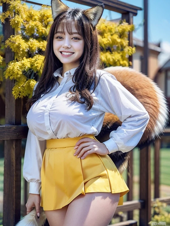 ((Highest quality, 8k)), ((masterpiece)), (Highest Resolution), Perfect Face, Fox Woman, Female college student, Beautiful woman, Outdoor, One tail, she has thick thighs, Her large tail, She has a yellow fox tail., She wags her tail, Smiling with teeth showing, Fur collar, She is wearing a short skirt, Big Breasts, Beautiful Hips , The skirt is rolled up with a fox tail.