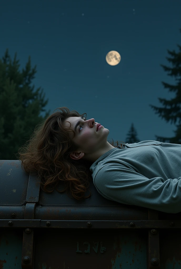 artwork male teenager long brown hair with open curls light gray long sleeve shirt sad lying with details on top of an old abandoned train at night best quality ultra detailed