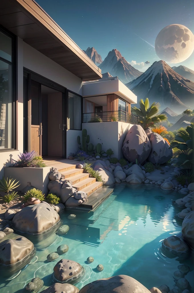 small and beautiful modern house in top of big boulders, terraces, pool, stairs, multiple cacti gardens, palms, trees, rocks, beautiful landscape design, mountains and volcano y background, amazing clouds, sun, moon, planets, milky way galaxy, concrete, wood, glass and steel materials, olive green, violet, orange and withe colors in facade