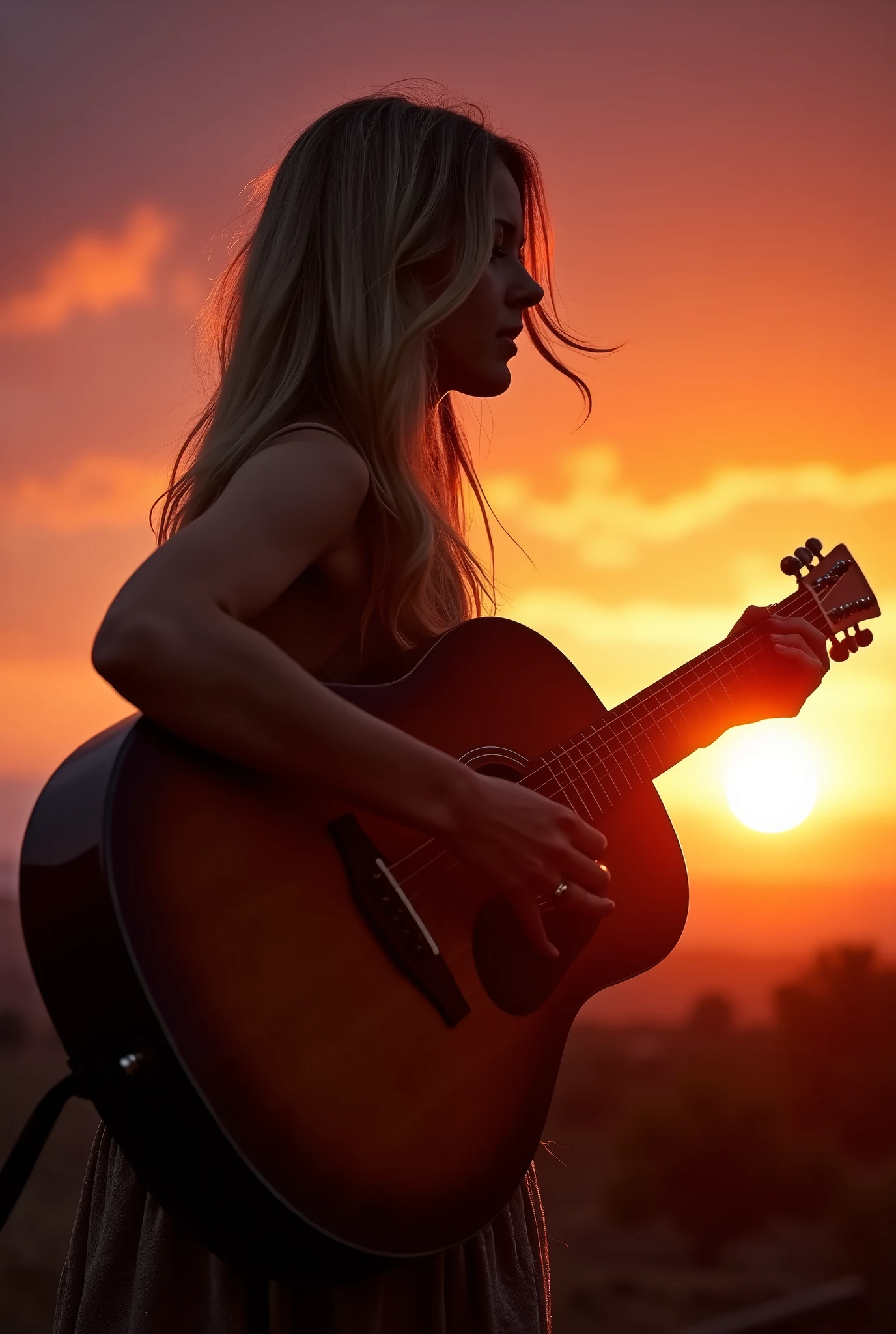 blonde woman, singer, young, no face just silhouette, with a guitar