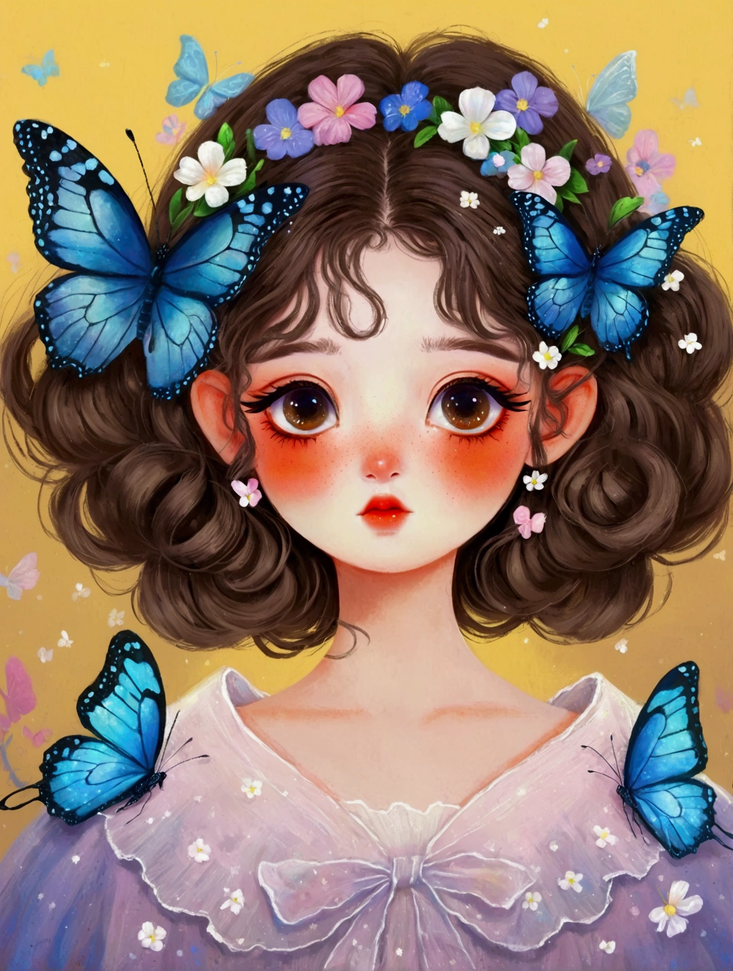 A painting，Pastel Art：a painting of a girl with a butterfly in her hair, a digital painting by Li Song, artstation, fantasy art, big eyes，a beautiful artwork illustration, cute digital art, cute detailed digital art, digital cartoon painting art, trending on artstration, cute art style, realistic cute girl painting, beautiful digital illustration, beautiful art uhd 4 k, adorable digital painting