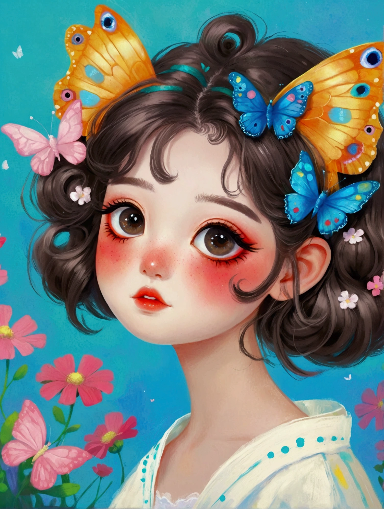 A painting,Pastel Art:a painting of a girl with a butterfly in her hair, a digital painting by Li Song, artstation, fantasy art, big eyes,a beautiful artwork illustration, cute digital art, cute detailed digital art, digital cartoon painting art, trending on artstration, cute art style, realistic cute girl painting, beautiful digital illustration, beautiful art uhd 4 k, adorable digital painting