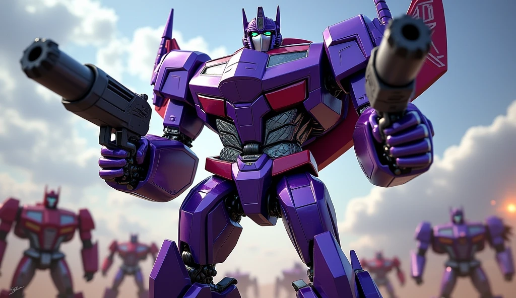 Transformer. Purple. Car parts. 2 guns. Heroic face, High Resolution, Masterpiece, Best Quality, High Details, transformers in background.