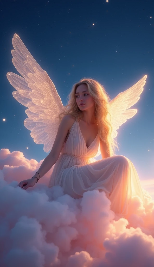 A beautiful female angel sitting on a pink cloud watching you., night