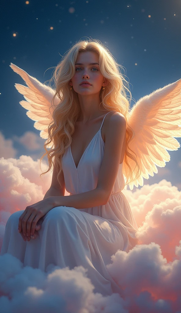A beautiful female angel sitting on a pink cloud watching you., night