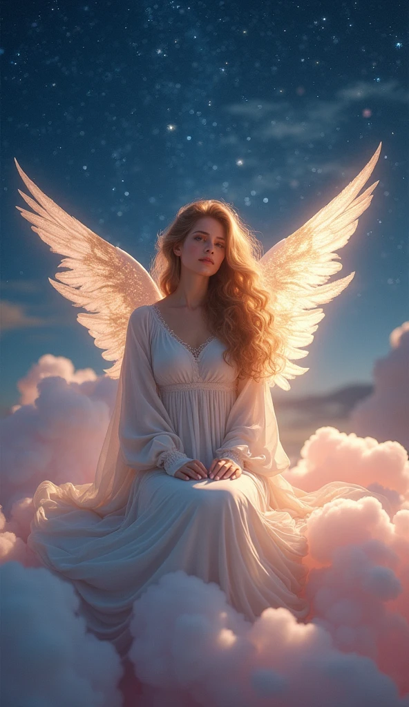 A beautiful female angel sitting on a pink cloud watching you., night