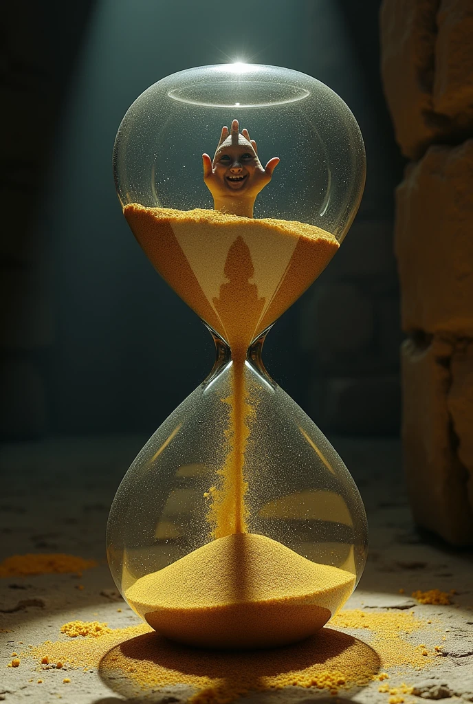 Image of an hourglass with a person trapped inside, as realistic as possible