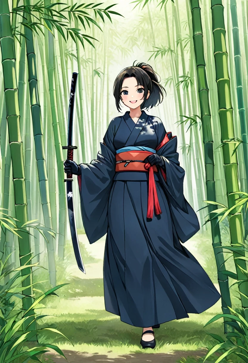 In the forest where beautiful Japanese scenery spreads out、An attractive female samurai stands。 Samurai wear simple kimonos、He is holding a Japanese sword in his black-gloved hand.。 Blue in the forest々Bamboo forests spread、A gentle wind is blowing。 Samurai hides in the grass、Beware of sneaky enemies。 A smile appeared on the samurai's face.、A mixture of tension and anticipation before the battle。 The blade of the Japanese sword glows lightly、Depicts the moment when a warrior's light, graceful movements dance beautifully in the midst of battle.。 Use this prompt、A lightly armed female samurai blends in with nature、Draw the moment of the battle。