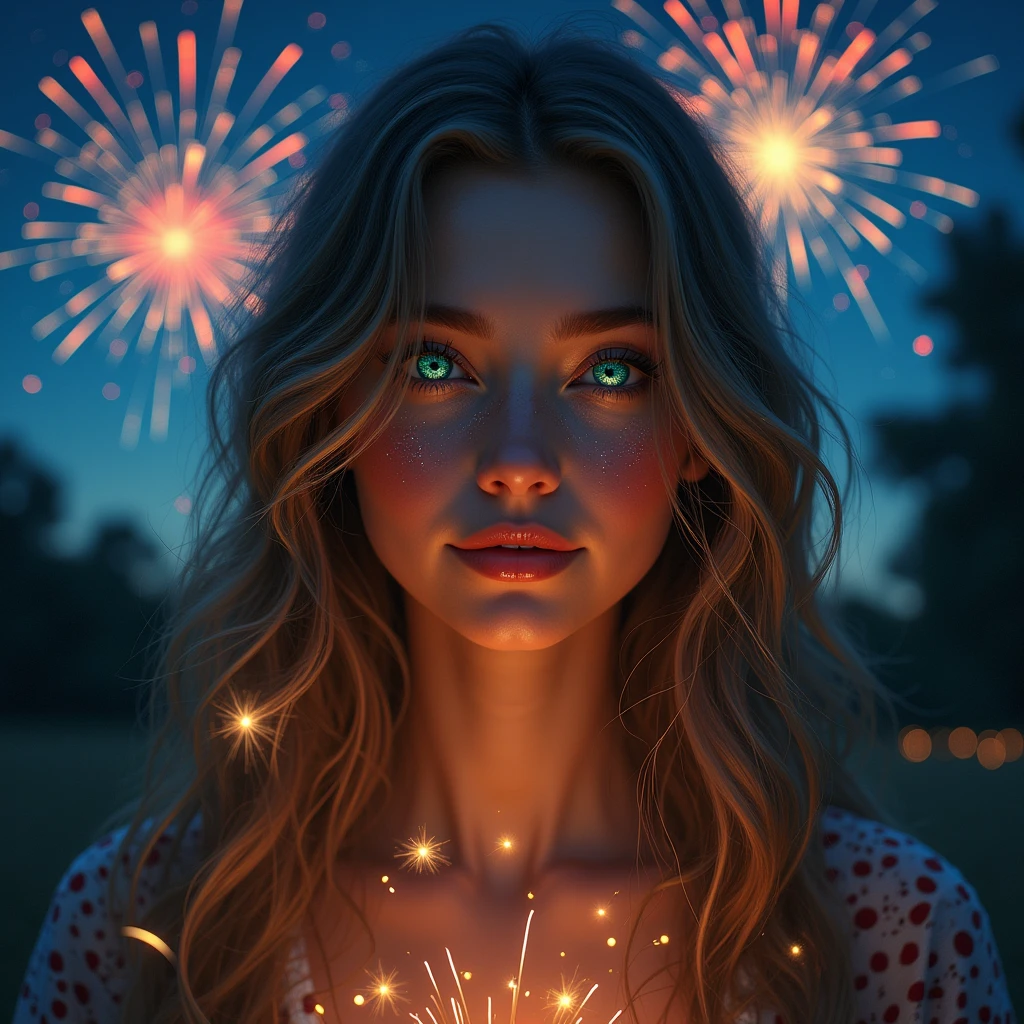 Many fireworks in eyes of young lady at night