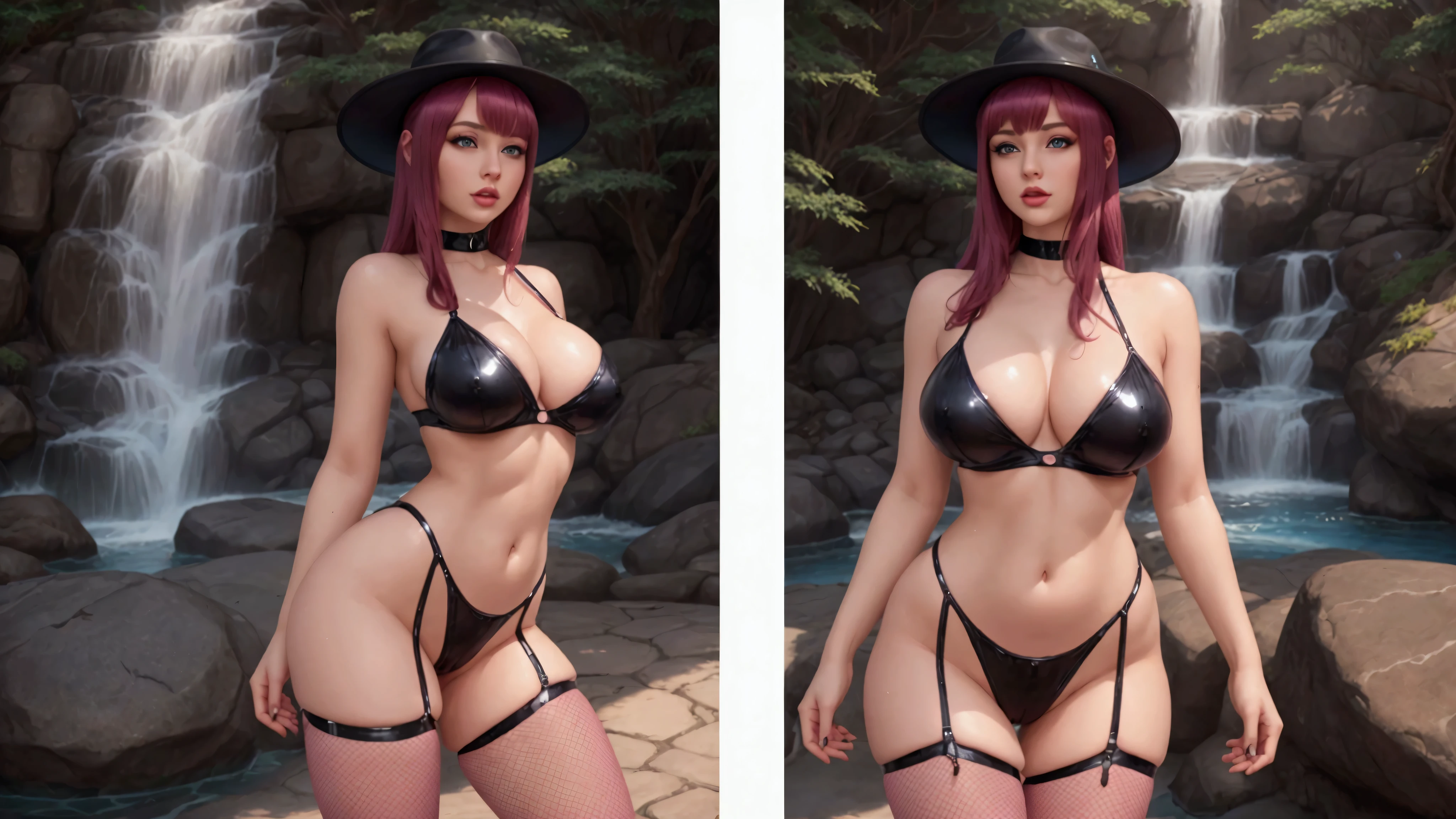 (Highly realistic and perfect image, high resolution, pure perfect realism), A single, perfectly beautiful young woman with medium-sized, well-rounded breasts., dark pink hair, Bright blue eyes, shapely legs, using Playboy bunny cosplay, black fishnet stockings, The vaginal lips are noticeable in the clothes., alone in the picture, full body view, with clothes, without hat, body wet and shiny, standing backwards, olhando para traz
