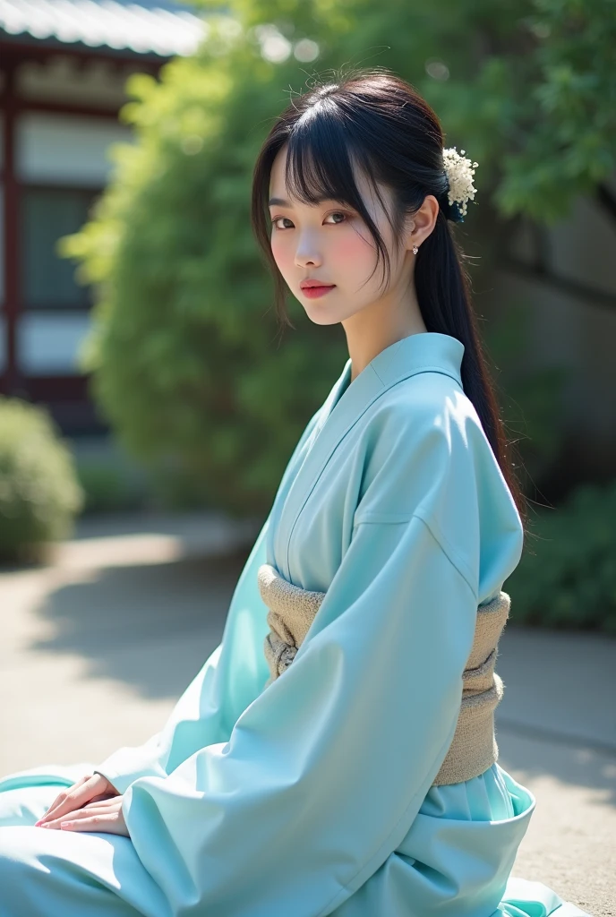 Wearing a light blue yukata、A realistic full-body photo of a Japanese girl sitting in seiza position。Age: about 26 years old。The hairstyle is black.、With bangs、The front hair is parted in 73 parts。Antennae extending to the sides of the ears。 she dislike hair accessories. Eyes、I have double eyelids、Makeup makes eyes look droopy。 The upper eyelashes、It&#39;s so short.、Not voluminous but a little long。 The width of the nostrils is smaller than average. The width of the eyes is about the average for Japanese people.。 151cm 43kg Summer Cool-toned skin Deep pink lips Baby pink cheeks。A slight protruding chin。She has two small earrings in both ears。similar to kanako momota