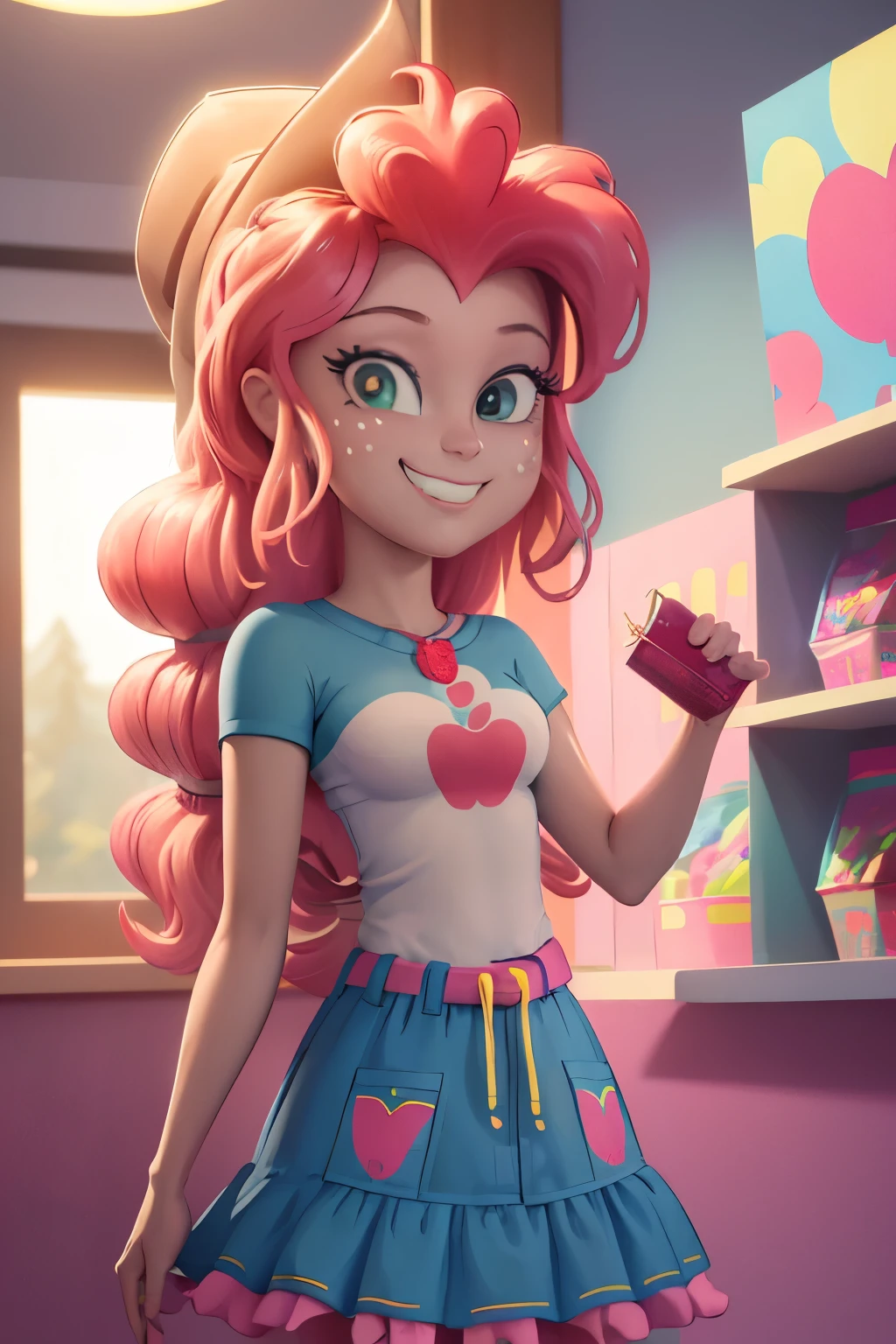 masterpiece,best quality,cowboy shot,solo,1girl,mlppinkiepie,smile:0.5,looking at viewer,shirt,skirt,in a candy store,indoors,dynamic lighting,