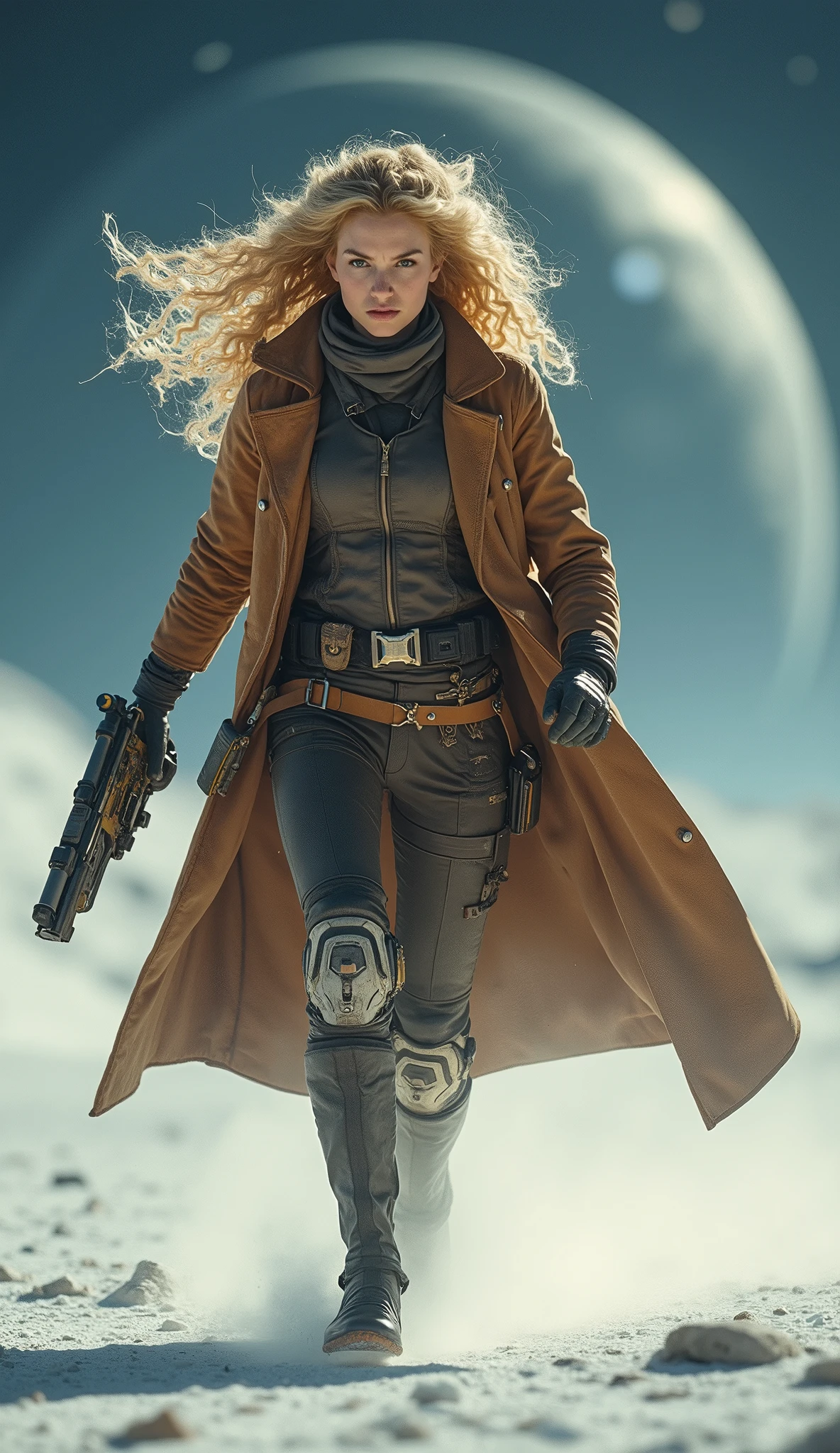 Angry sexy Blonde woman space ranger, full body shot head to toe, exploring a dry rocky almost barren ice planet, running 3/4 profile left, holding a long barrol multishot space hunting rifle, ultra blonde white hair, wavy hair, curly hair, sexy hair, large breasts, wearing ultra dusty wornout clothing, convertable helmet visor down showing ultra beautiful mezmerising face, she is wearing a dry dusting looking leather retro hunting outfit consisting of long brown overcoat leather space ranger form fitting body suit and small amounts of future clothing and space tech, action pose hunting, 36k resolution ultra hyper detailed image, photo-realistic, dehaze, dark of night hunting a nocturnal elusive alien carnivorous animal.,space_girl,Explosive dust