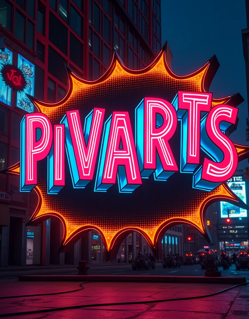 Sign text: “PIVARTS”, style comic POP-ART, bold and vibrant typography, neon colors, halftone dots, comic-book inspired lettering, in the style of Roy Lichtenstein, with a playful and dynamic pop-art aesthetic.