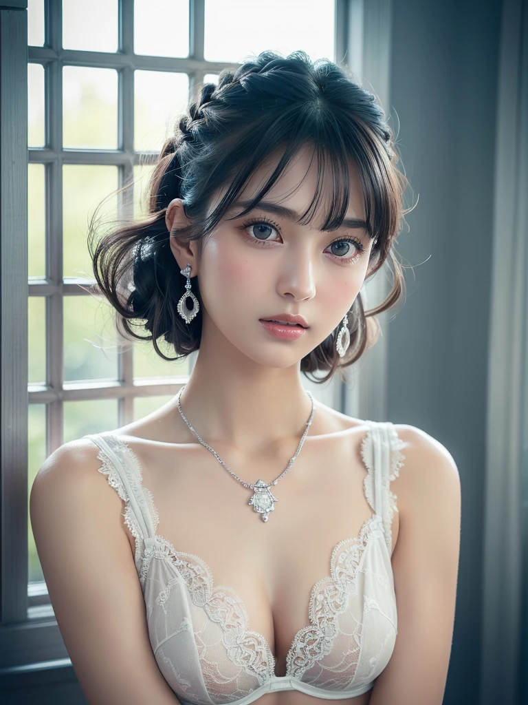 White lace bra,(See through)、Small breasts, High leg underwear 1.5、(((とてもエレガントでbeautiful, Perfect detail, Very detailed))), whole body, The most detailed girl, Written boundary depth, 美しくdetailedなwhole body, Thin legs, 1 person, 30 years old, Very short hair, Spiked Hair, Gray and silver hair, beautiful detailed hair, Perfect Face, Expressionless, beautiful, detailed, Deep Eyes, Open your mouth a little, Delicate arms and hands, Pale skin, Earrings, beautiful and gorgeous necklace, Colorful background, HD background, Blurred Background, とても繊細でbeautiful, masterpiece, (((Highest quality, とてもbeautiful8K CG壁紙))), (((Trendy hairstyles))), (Inside the room,Stylish interior,window),(((Gravure Posing 1.5)))、Mid-shot photo 1.5、