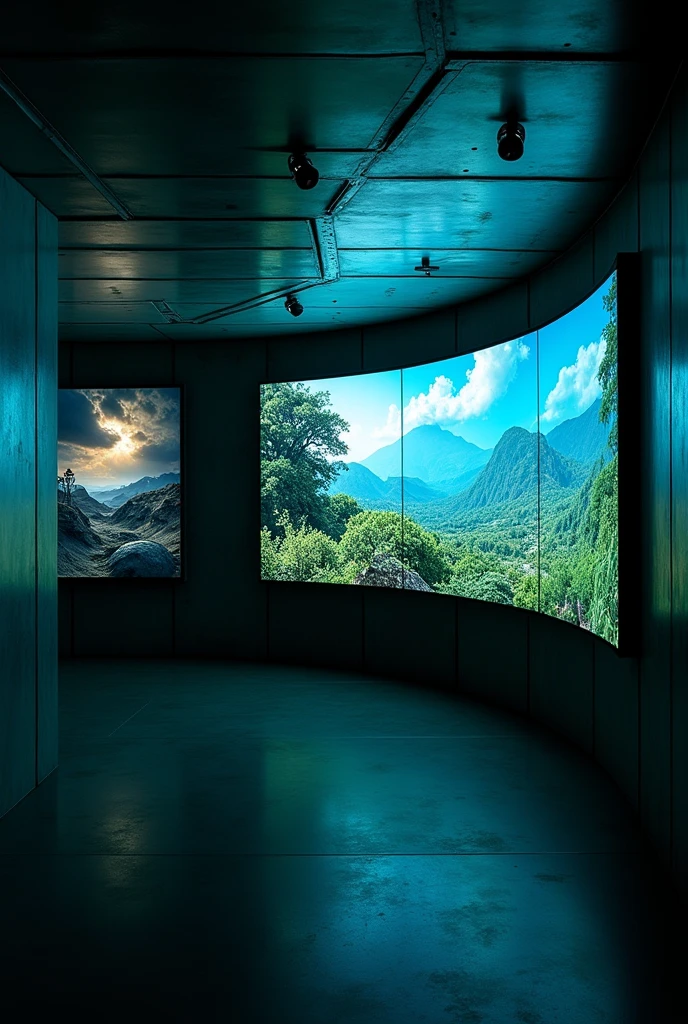 AN EMPTY SPACE of a BUNKER, where controlled screens by an artificial intelligence stand out. On these screens, you see deferred ideas, on one, you see how the earth is destroyed by climate change and on the other, you see the rebirth of paradise. SCREENS MAKE THEM LOOK SMALLER IN A SMALL ROOM