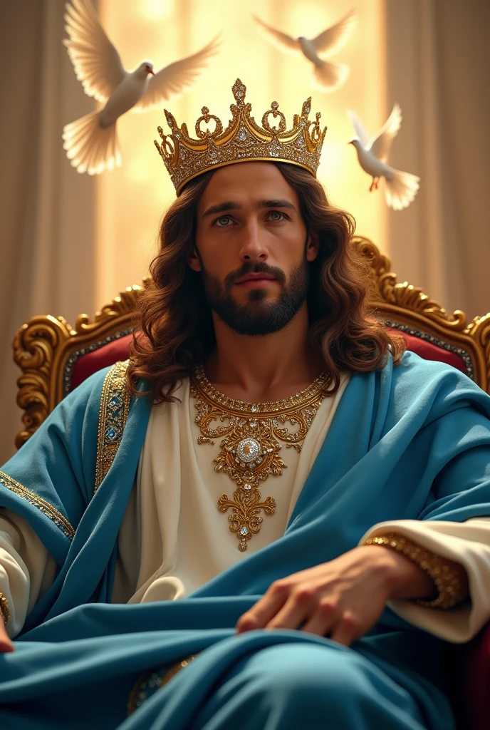 (photorealism:1.2), handsome Jesus Christ, sitting on the throne close up the face looking straight ahead to the camera, wearing the blue elegant clothes of the king with many diamonds all over, king crown lighting in his head, perfect beautiful hair, indoors, bright lighting, so many clouds and dove of light in the background, heaven with sunlight, cozy heaven, relaxed pose, realistic, intricate details, bright colors,