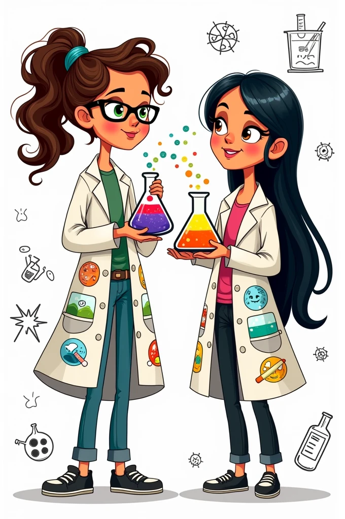 2 women scientists
Cartoon
White background, black lines
For coloring