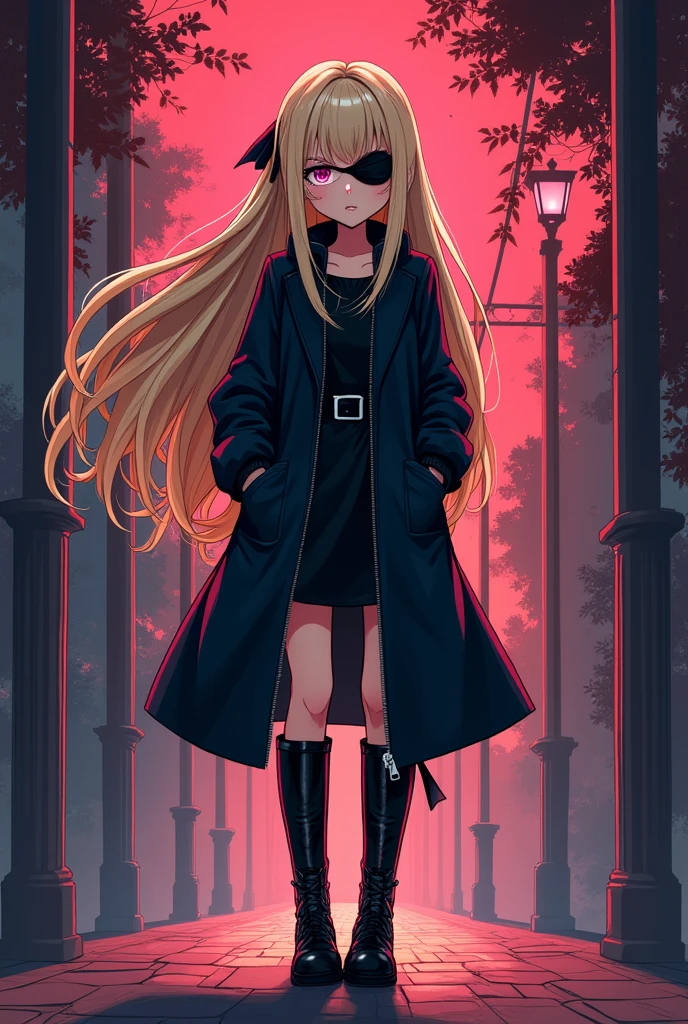 a cartoon image of a woman in boots, vector art by Ei-Q, pixiv, shin hanga, full_body!!, !!full body portrait!!, full body!!, anime moe artstyle, gapmoe yandere grimdark, full body!, anime vtuber full body model beige hair with an eyepatch black coat with front zipper closed, long hair Dabbling