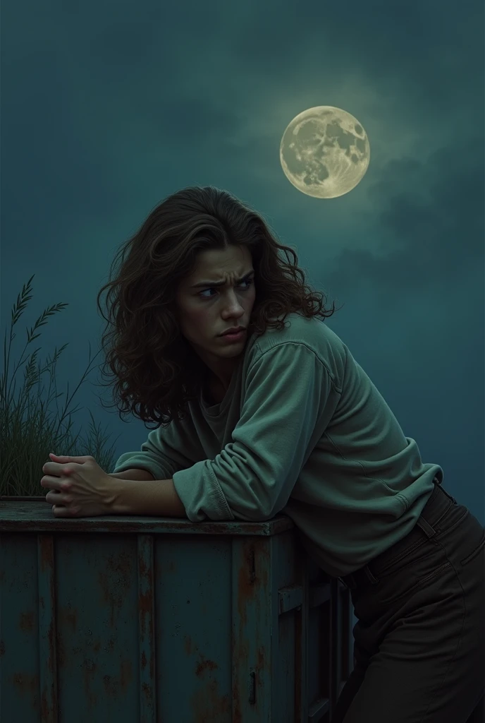 artwork male ager long brown hair with open curls light gray long sleeve shirt sad lying with details on top of an old abandoned train at night best quality ultra detailed