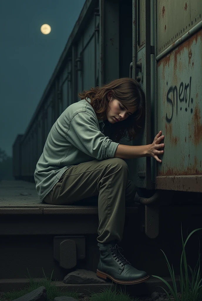 artwork male teenager long brown hair with open curls light gray long sleeve shirt sad lying with details on top of an old abandoned train at night best quality ultra detailed