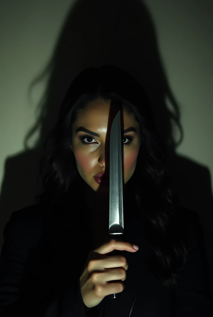 Alexa Demie half hidden in the dark with a knife in front of her face with the shadow of Ghostface