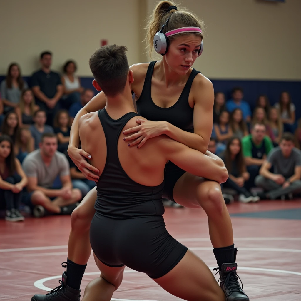 A wrestling match in a high school gym a hot female wrestler wearing a wrestling singlet is carrying a male opponent he is wearing a wrestling singlet in front of a crowd