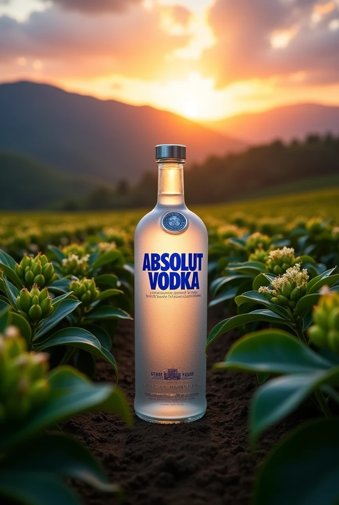 bottle of absolut vodka in a coffee plantation with a beautiful sunset and mountains in the background


