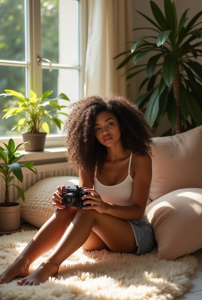 A brunette girl with curly hair and big breasts sits with her legs stretched out, taking a realistic photo