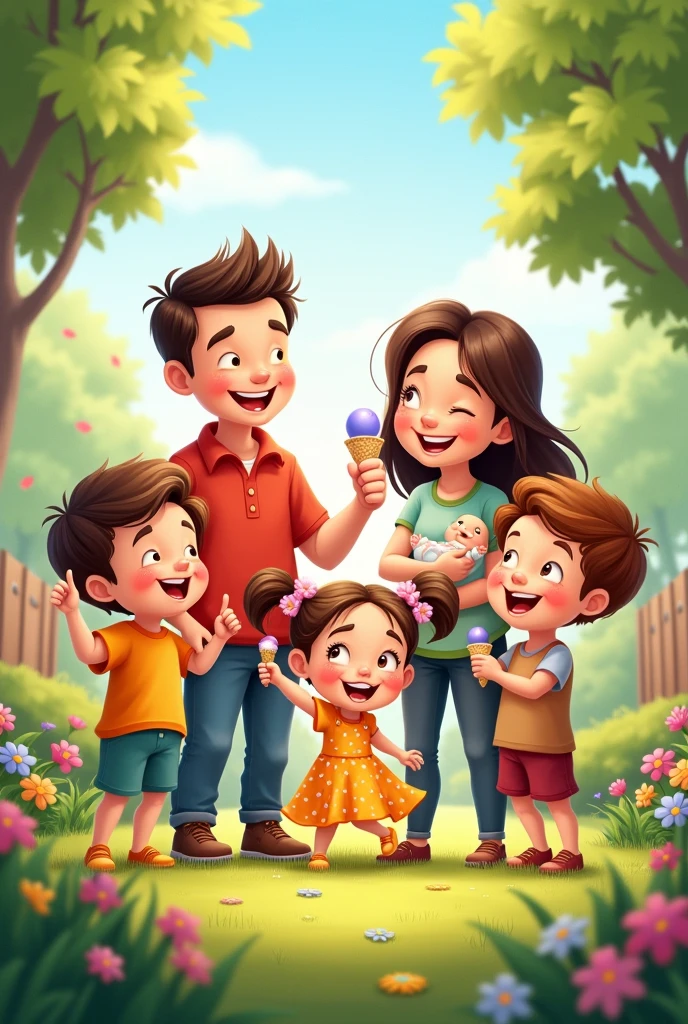A family of seven, with husband and wife, three boys, one girl, a babygirl, cartoon