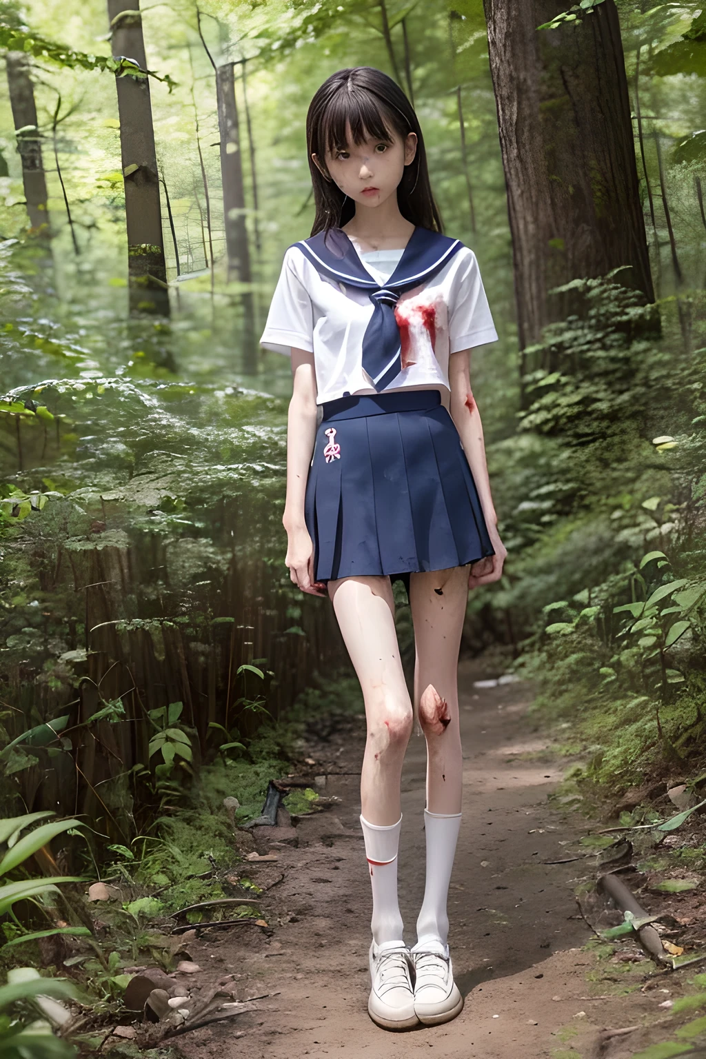 (8K、RAW Photos、highest quality、masterpiece:1.2), (Realistic、Photorealistic:1.2), (High resolution skin:1.1), Beautiful young girl,japanese, 13 years old,small breasts,(Slender girl:1.3),(Thin legs:1.4),dark blue mini skirt,sailor suit, (White high socks), Short sleeve,sneakers, whole body,forest,standing,(dirty:1.4),(wounds,bloody legs:1.4)