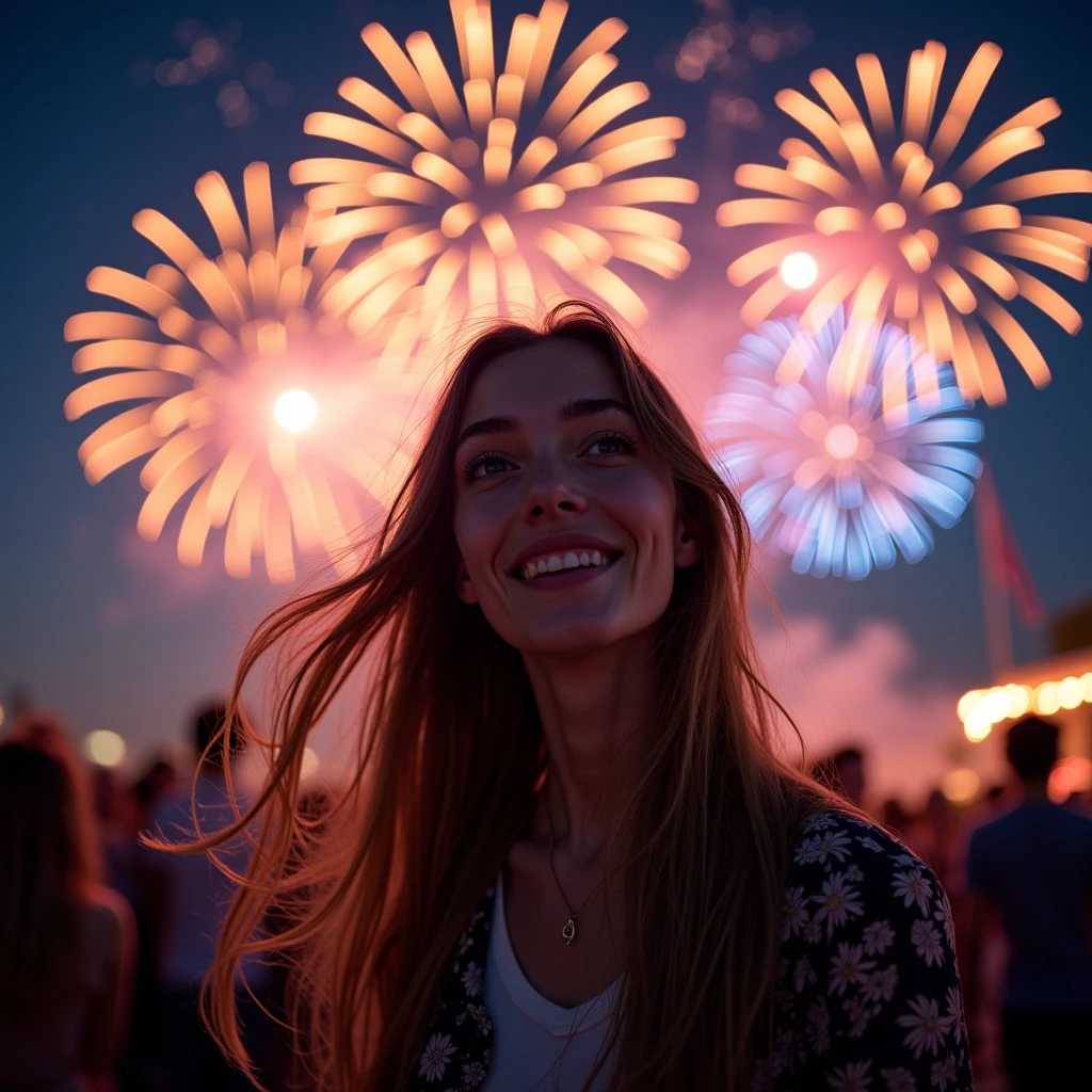 Many fireworks in eyes of young lady at night