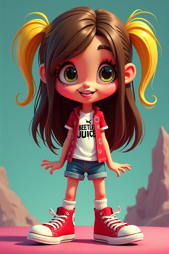 A brown straight hair wig with two blonde streaks in the hair with a red all star shoe with a beetlejuice shirt in 2d cartoon style profile picture