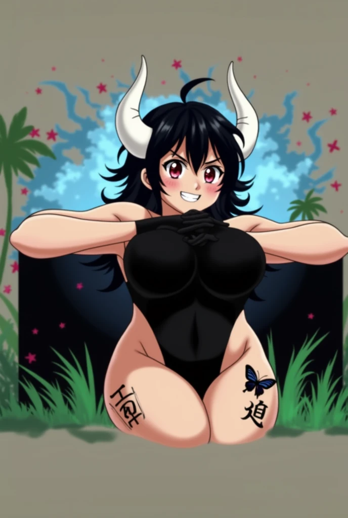 Anime mommy with black hair y2k Tied up and messy in the front and white horns and sexy bodysuit, with red eyes And a naughty face, Put a large black butterfly tattoo on one thigh and Japanese letters on the other, put elbow-length gloves on both arms