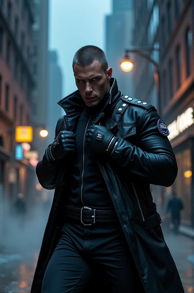 Make me a superhero whose suit is black military style with a jacket