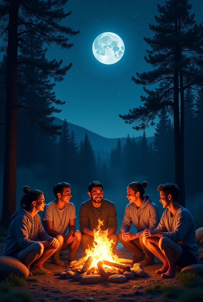 Full moon in the starry sky , and people around a campfire