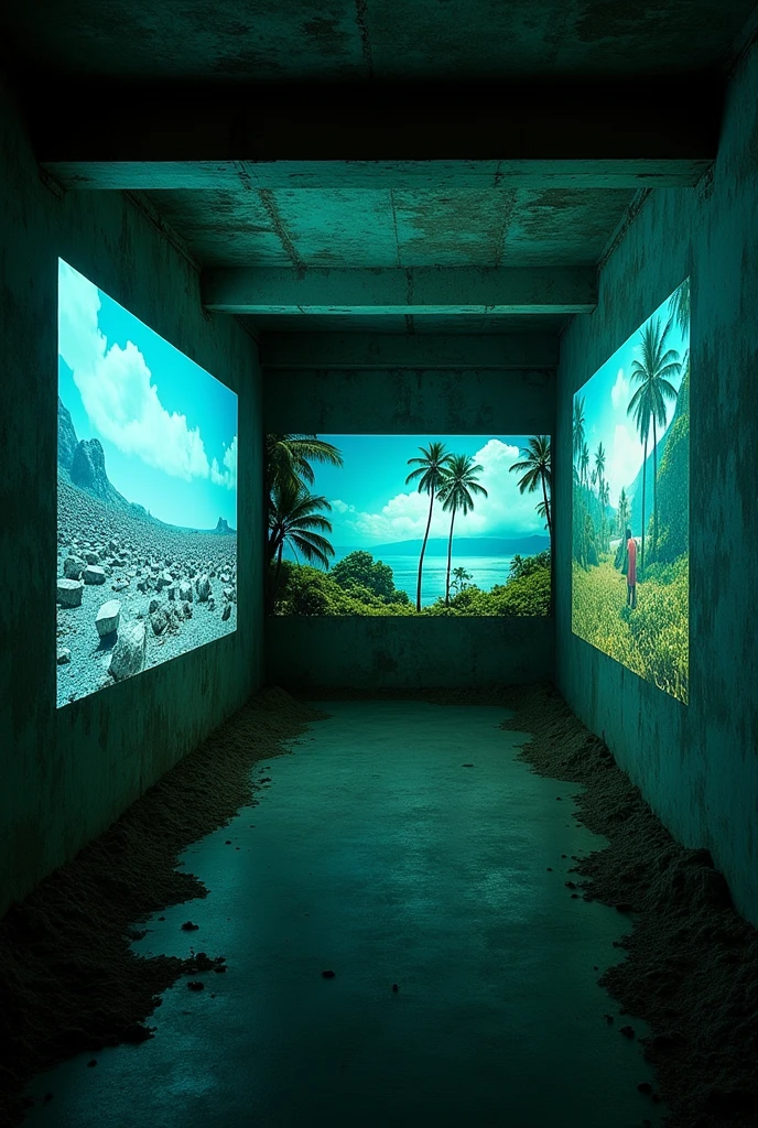 AN EMPTY SPACE in a BUNKER that looks rustic, where controlled screens by an artificial intelligence stand out. On these screens, you see deferred ideas, on one, you see how the earth is destroyed by climate change and on the other, you see the rebirth of paradise. SCREENS MAKE THEM LOOK SMALLER IN A SMALL ROOM
