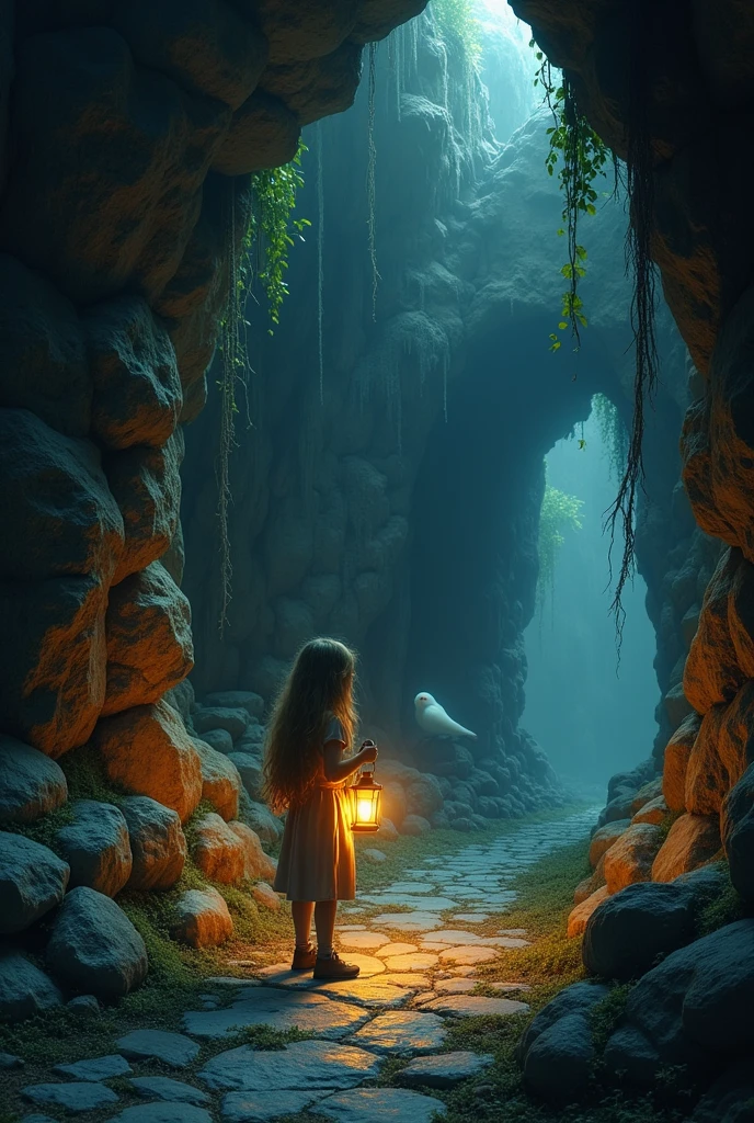 A girl, with long, unkempt hair, she carries a lantern that faintly illuminates a dark cave. Her eyes are filled with awe as she discovers an ancient library hidden deep within the cave. The library has dusty, stone shelves covered in cobwebs, with ancient books and scrolls that appear to have been untouched for centuries.

at your side, a ethereal soul floats, translucent, emitting a soft glow. The soul seems to be guiding the girl, her presence is friendly and protective. In the background, the cave is vast and mysterious, with shadows that suggest more hidden secrets in the darkness. The atmosphere is magical, with a mix of mystery and discovery.