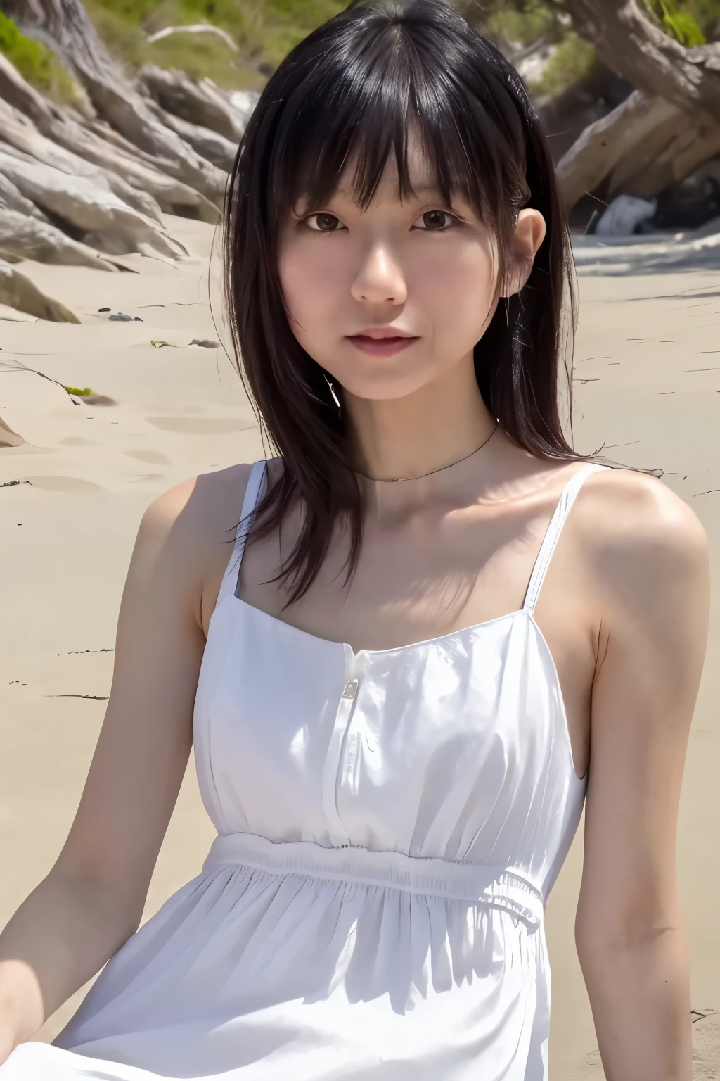 8k, highest quality, masterpiece, pornography, super high resolution, RAW Photos, One Girl, a skinny Japanese woman, 30 years old, thin waist, slender legs, sitting on the beach, a black hair, (wearing a white cotton dress next to the skin: 1.4), anatomically correct body, (cute face, detailed face, detailed eyes),