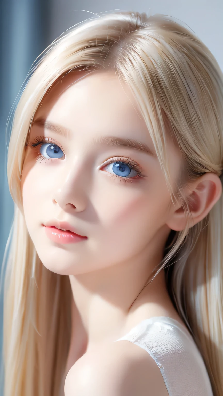 Portrait、、bright look、ponytail、bangs between eyes、bangs on the face、Young, shiny, white, glossy skin、gross face、cheek gloss highlight、best beauty、blonde reflection、Platinum blonde hair with dazzling highlights、shiny bright hair,、super long silky straight hair、Shining beautiful bangs、Attractive, beautifully shining, very bright, light blue eyes、very big eyes、Very beautiful nice cute 15 year old beautiful girl、rich bust、small face beauty、