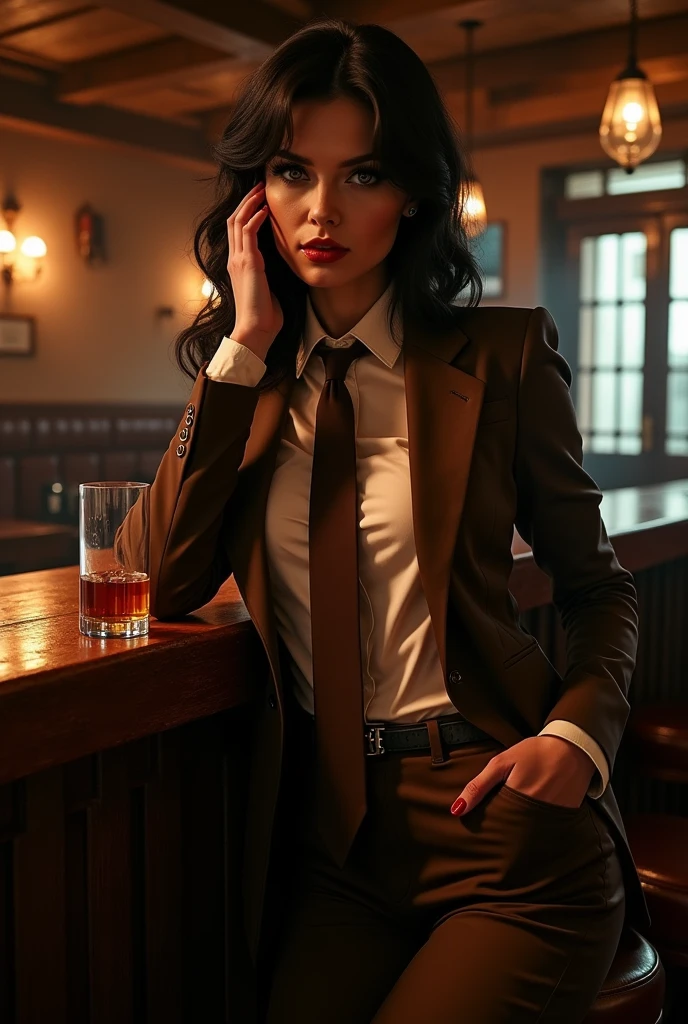 Sonata Dusk as Lee van cleef female with brown suit and brown necktie