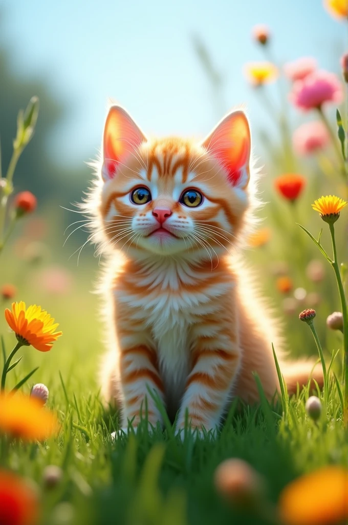 Draw a very furry kitten with honey-colored eyes on a lawn